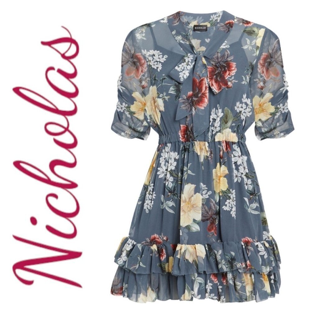 NWT NICHOLAS 100% Silk Floral Ruffled Mini Dress,‎ Size 8 - Picture 10 of 12